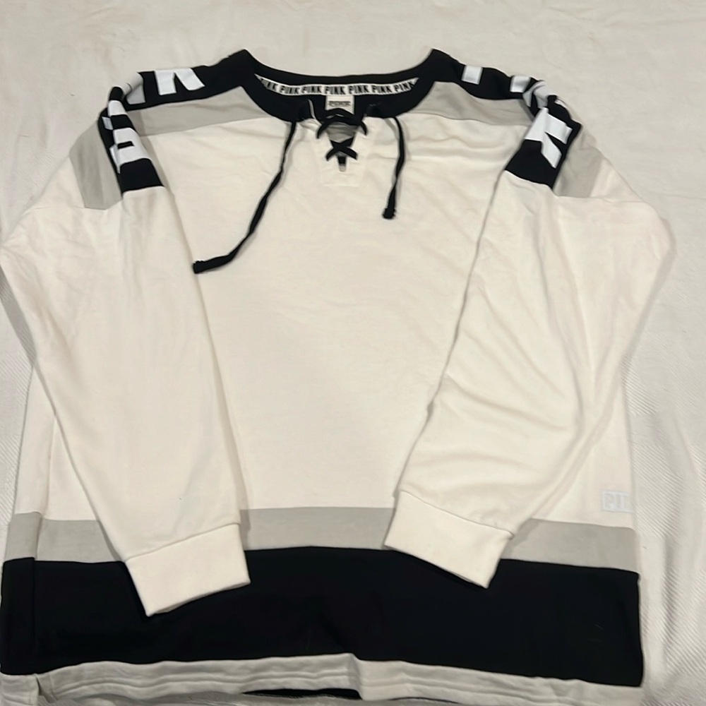 Victoria Secret white/ blk/ grey tie up sweatshirt